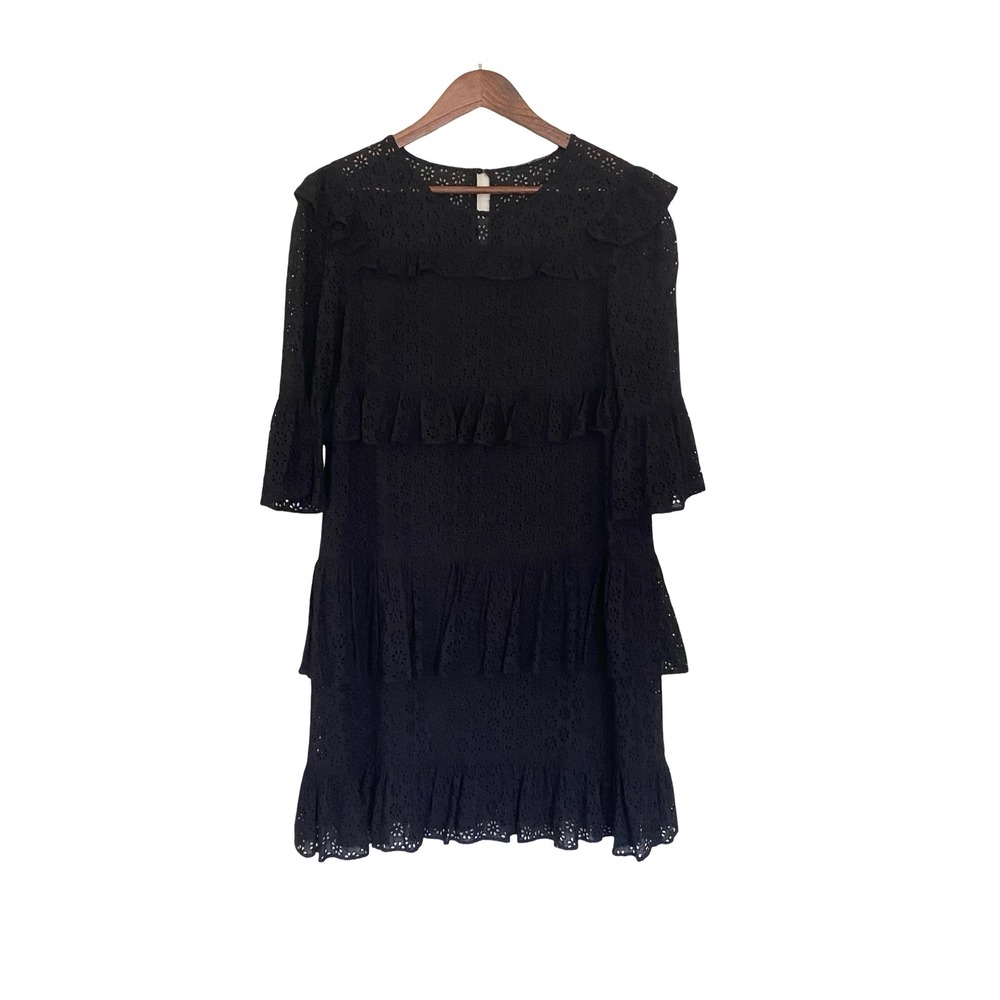 Madewell Black Eyelet Tiered Ruffle Mini Dress Women's Size 2 Bell Sleeve